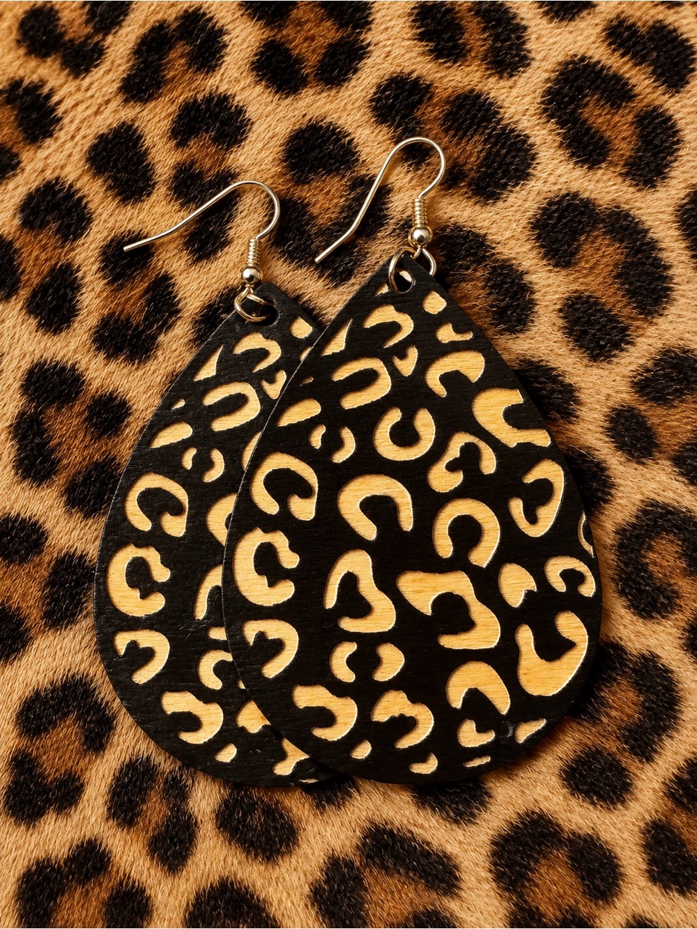 Wooden Teardrop Earrings in Black and Beige
